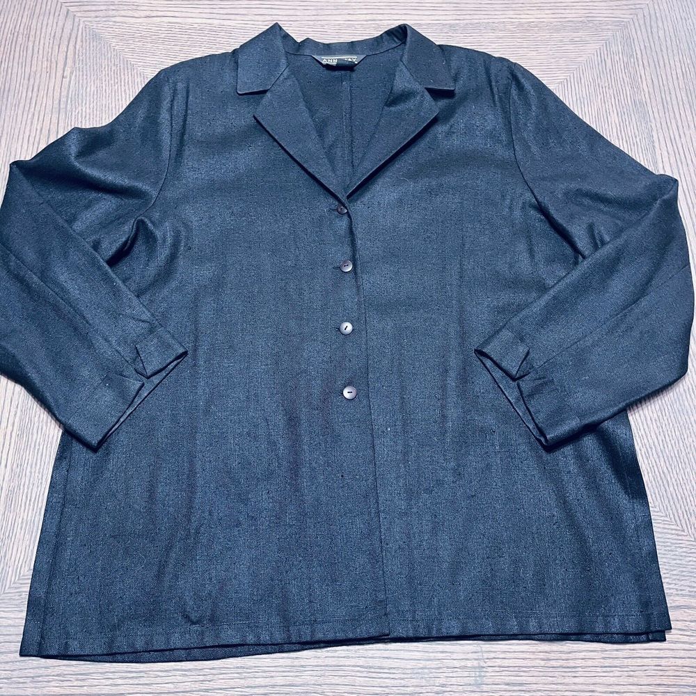 Ann May Womens Black Silk Tunic Shirt‎ 3/4 Sleeve Button Up Collared Large L